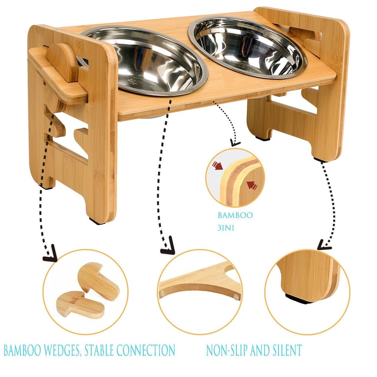 Bamboo Elevated Pet Feeder with Adjustable Height | Dog & Cat Bowl Rack thumbnail 5