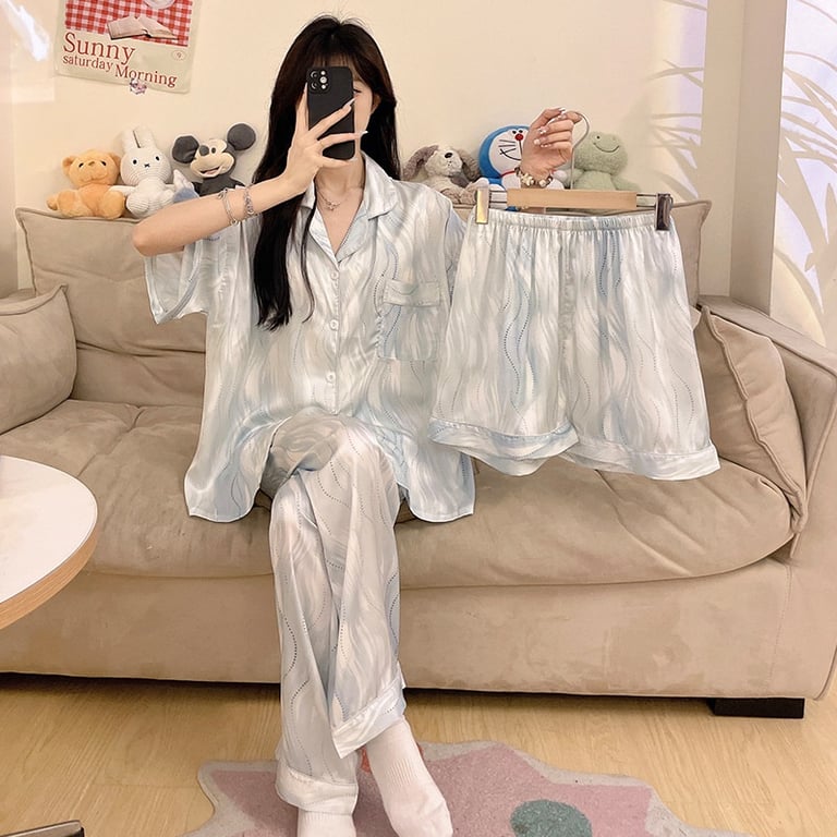 Women's Summer Ice Silk Pajama Set 3-Piece Short-Sleeve | Captain Fam thumbnail 12