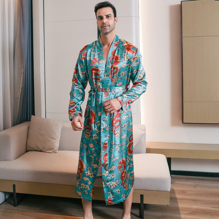 Men's Ice-Silk Dragon Print Long-Sleeve Loungewear Nightgown | Cooling Robe thumbnail 7