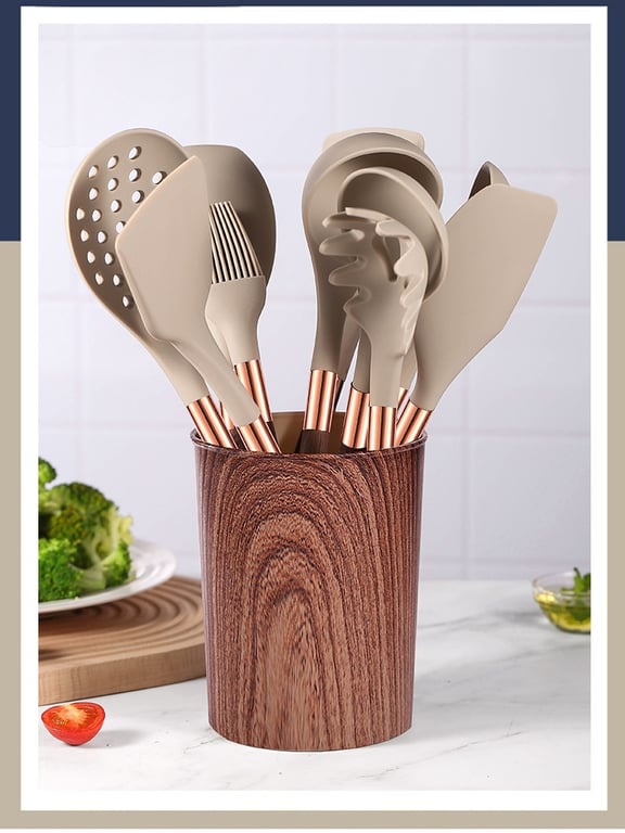 Silicone Wood-Grain Kitchen Utensil Set 12 Pieces Non-Stick Spatula thumbnail 10