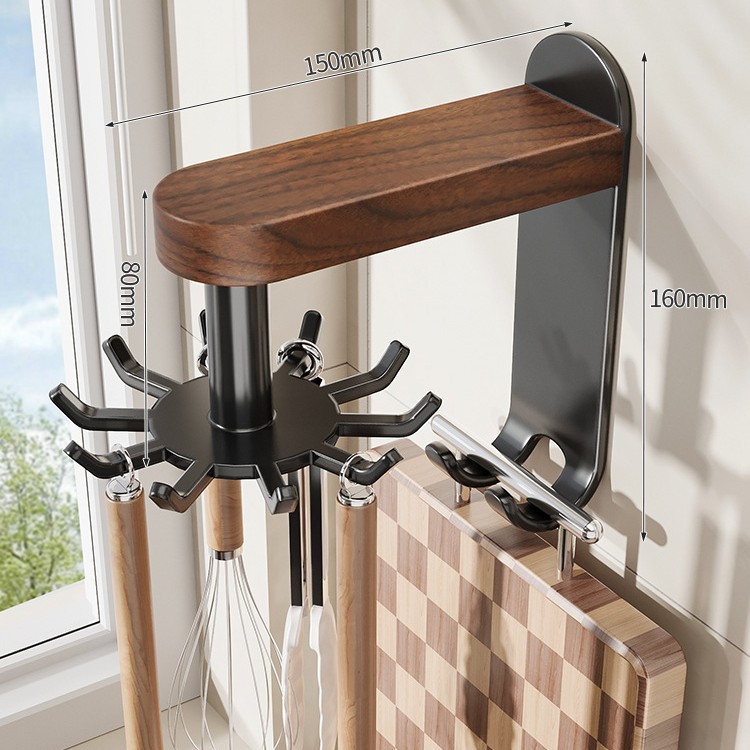 Walnut Wood Swivel Kitchen Hooks | Wall-Mounted Utensil Organizer thumbnail 2