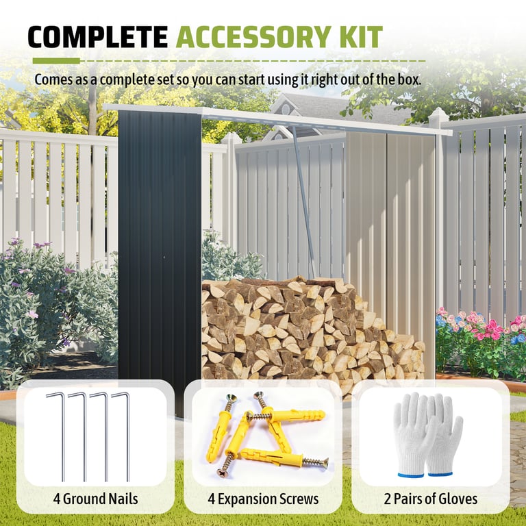 62 Cu. Ft. Metal Storage Shed | Firewood Rack & Yard Tool Organizer thumbnail 2