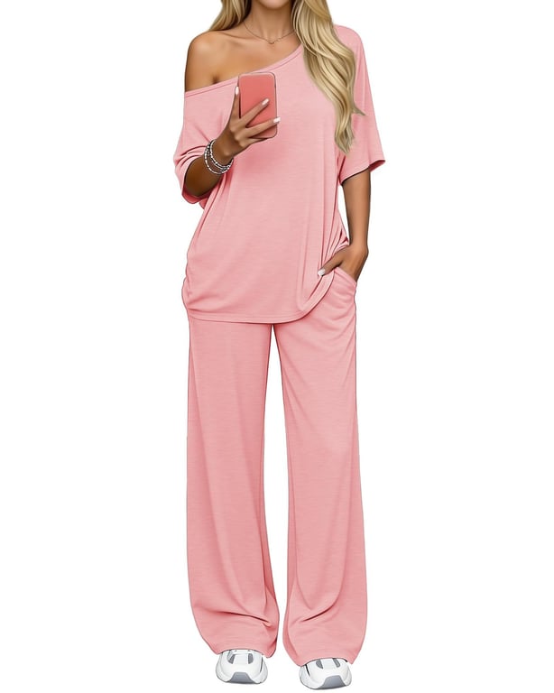 Off-Shoulder Loose Two-Piece Set | Wide-Leg Pants & Casual Top thumbnail 3