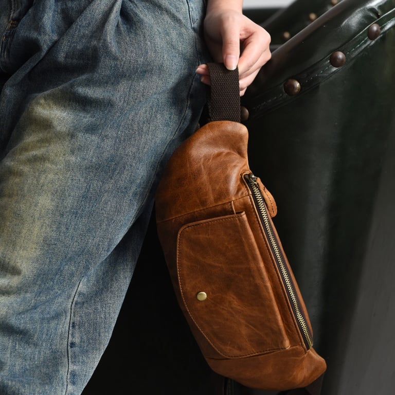 Retro Casual Vegetable Tanned Full-grain Leather Cowhide Chest Bag | Home & Kitchen thumbnail 6