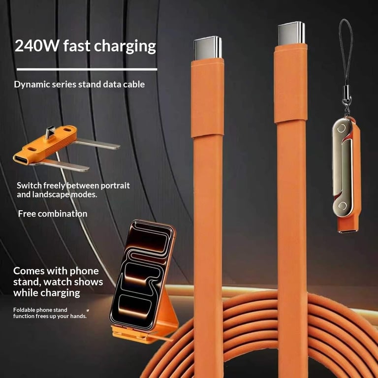 240W Dual Type-C Silicone Charging Cable with Foldable Phone Stand thumbnail 7