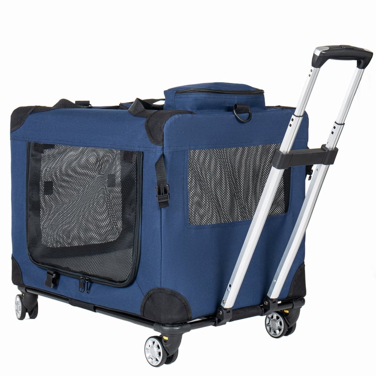 2 In 1, 24   Collapsible Travel Dog Crate For Medium Large Dogs, Rolling Pet Carrier With Wheels, 3-Door Portable Folding Pet Kennel With Mesh Windows, Indoor Outdoor Travel Use, Dark Blue thumbnail 2