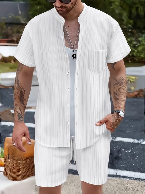 Men's Casual Stand Collar Ribbed Shirt & Shorts Set | Two-Piece thumbnail 7