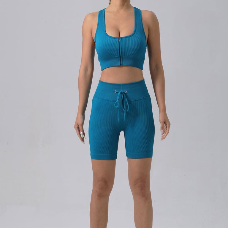 Women's Padded Running Bra & Ribbed Shorts Yoga Set | Quick-Dry thumbnail 3