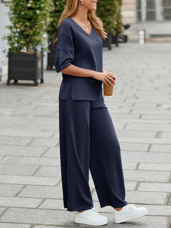 Women's 2 Piece Wide Leg Tracksuit Set | V Neck Casual Workout thumbnail 10