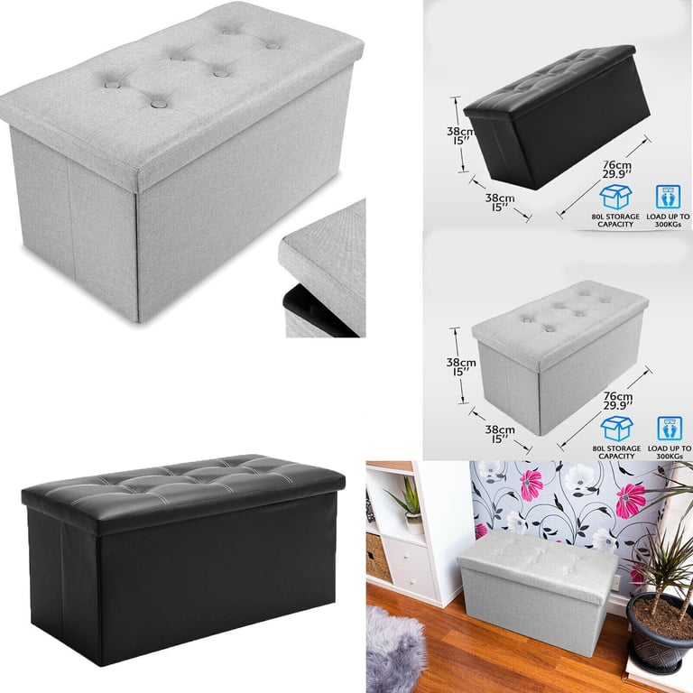 Foldable Storage Ottoman Seat | Button Tufted Bench Toy Box Canada thumbnail 16