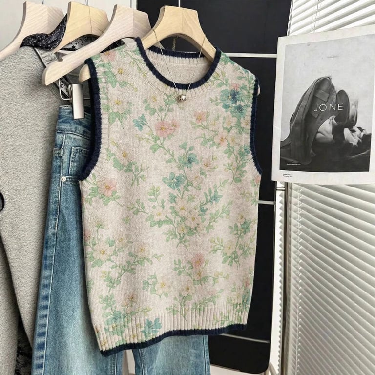 Women's Floral Knitted Vest | Loose-Fitting Sleeveless Sweater thumbnail 5