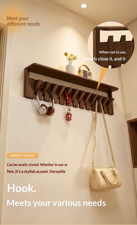 Solid Wood Coat Rack with Piano Keys | Modern Wall Mount Storage thumbnail 10