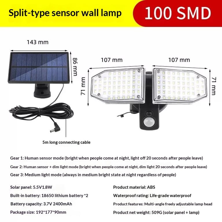 Solar Dual-Head Motion Sensor Lamp | 100 SMD LEDs, 5M Cable thumbnail 2