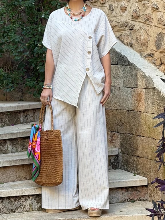 Striped Two-Piece Set | Asymmetrical Shirt & Loose Pants for Women thumbnail 9