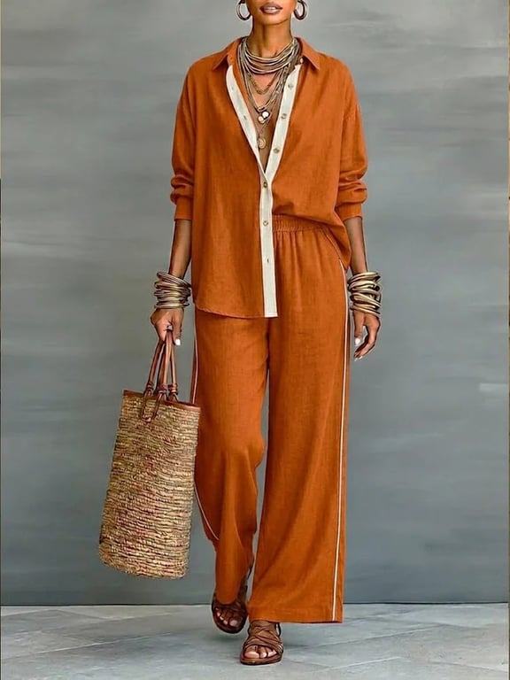 Women's Contrast-Color Casual Loose Pants Two-Piece Set | Comfy thumbnail 4