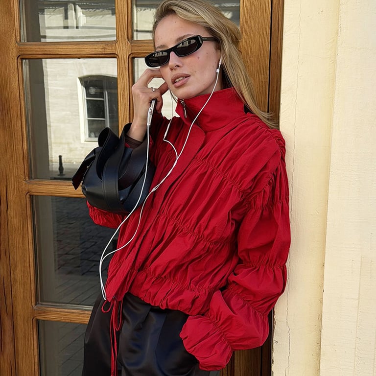 Red Pleated Stand-Collar Coat | Trendy Women's Fashion Top thumbnail 4