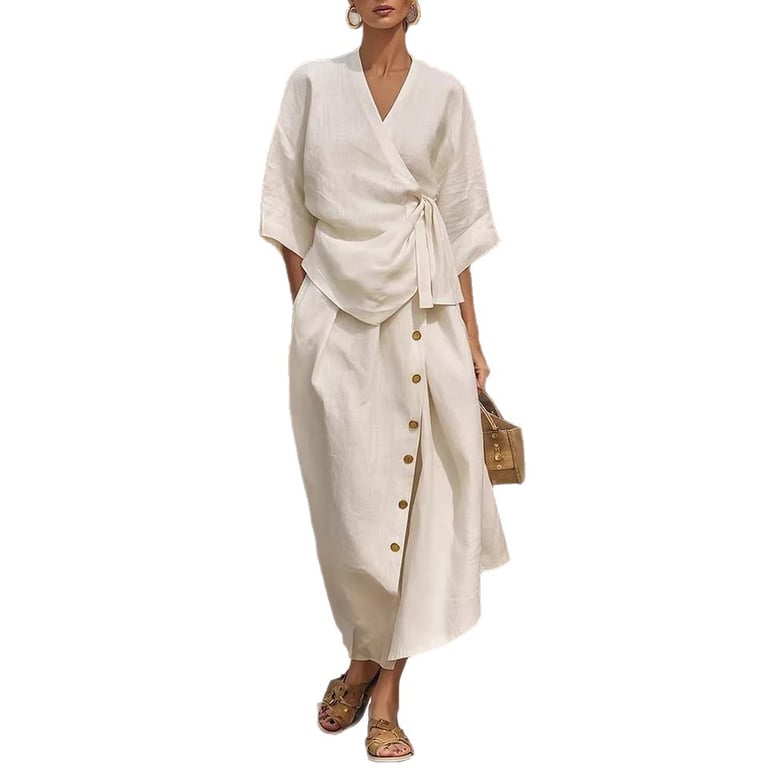Women's Linen Two-Piece Set | Wrap Top & Button Skirt Canada thumbnail 7