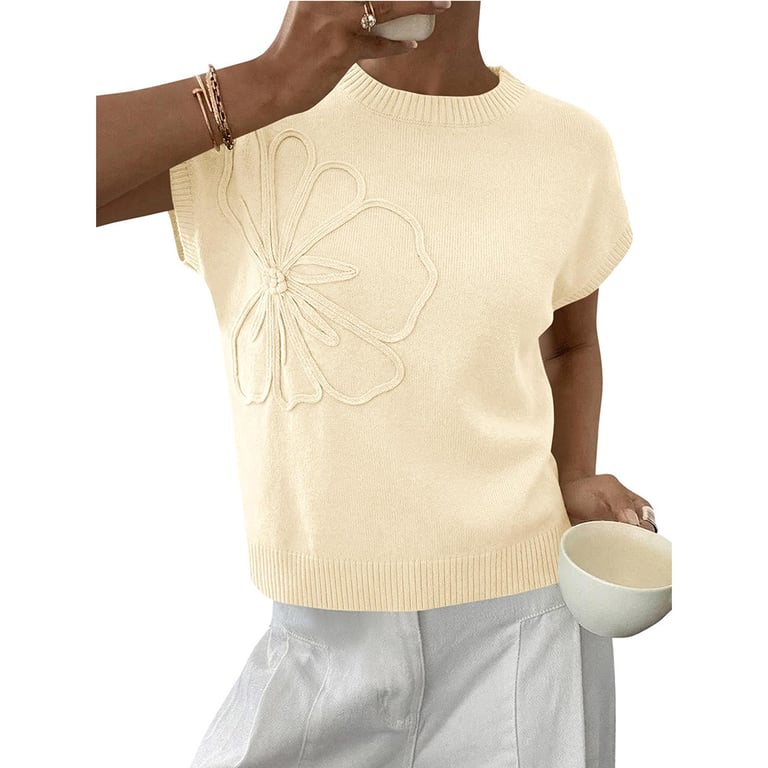Jacquard Womens Knitted Short-Sleeve Flower Sweater | Soft Casual Top thumbnail 2