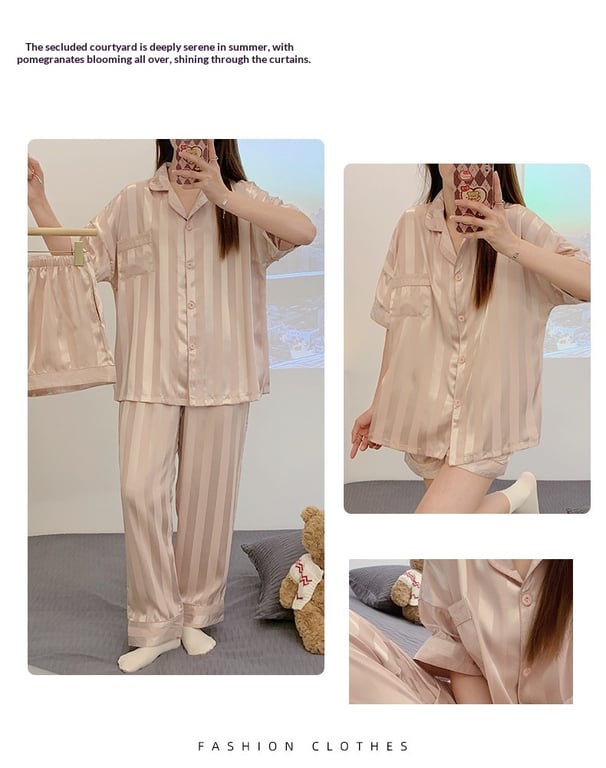 Women's Summer Ice Silk Pajama Set 3-Piece Short-Sleeve | Captain Fam thumbnail 8
