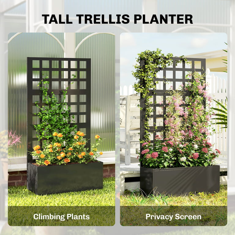 Galvanized Raised Garden Bed Planter Box with Trellis for Climbing Plants, Vegetable, Vines, 24" x 9" x 44.5", Black thumbnail 7