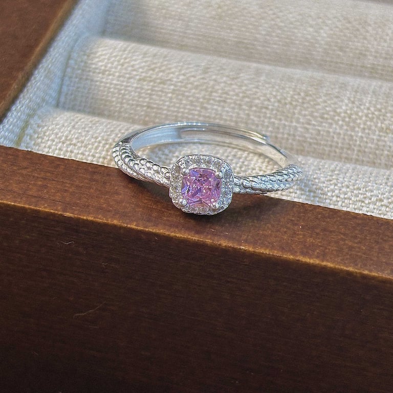 Pink Cushion Cut CZ Sterling Silver Ring | Halo Pave Twisted Band thumbnail 2