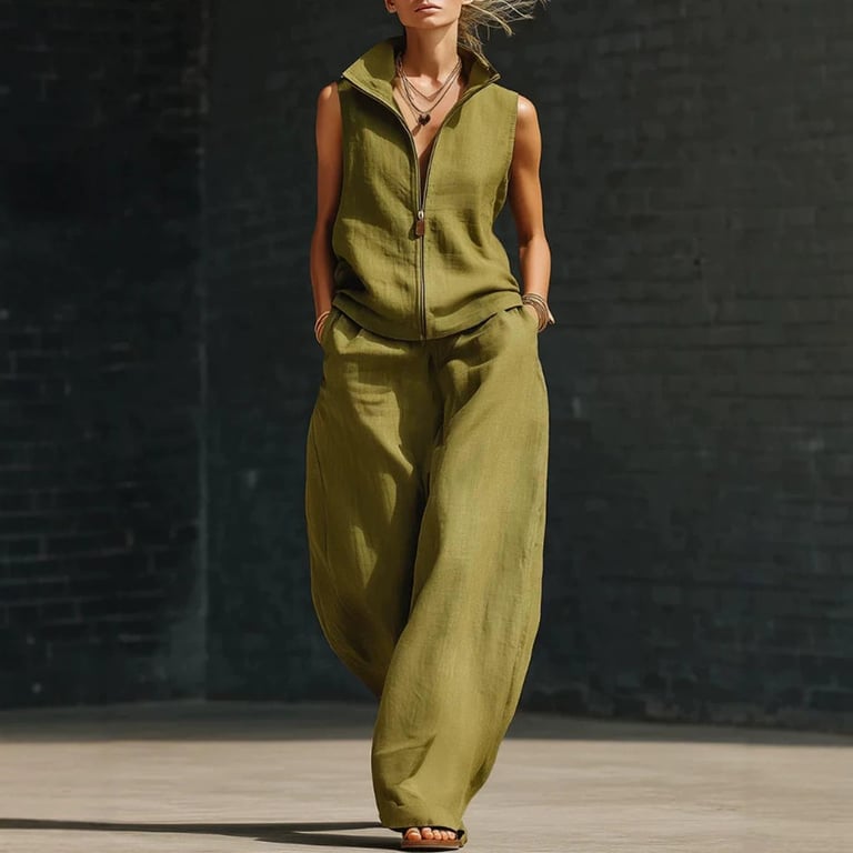 Sleeveless Stand Collar Linen Cotton Two-Piece Set | Relaxed Fit
