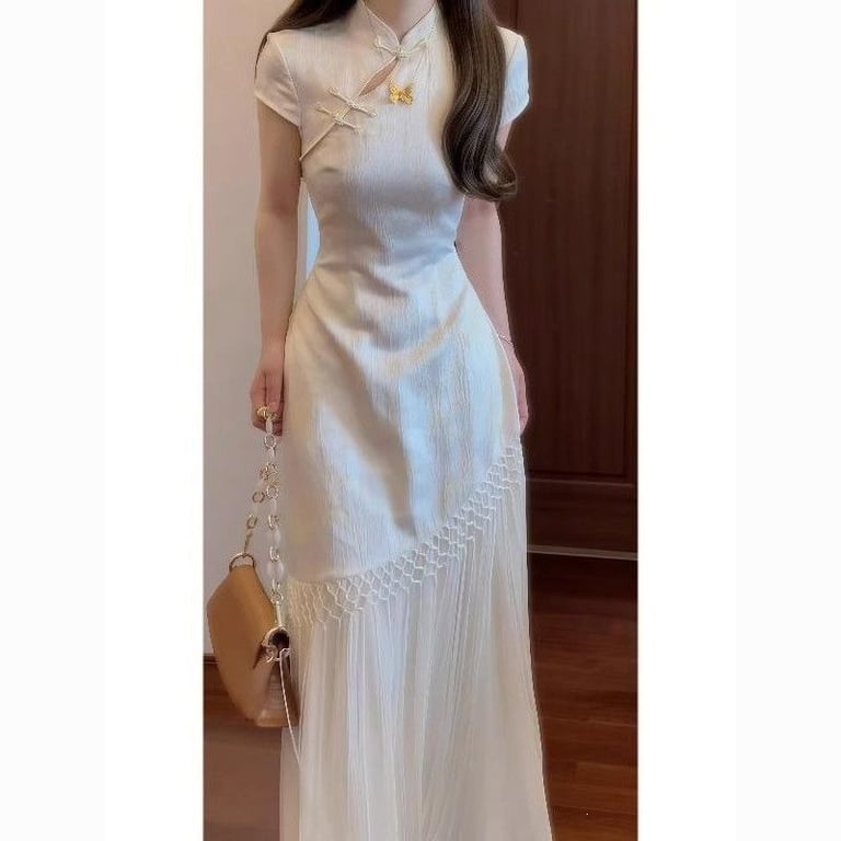 Chinese-Style Cheongsam Dress for Women | Elegant Cream Qipao thumbnail 4