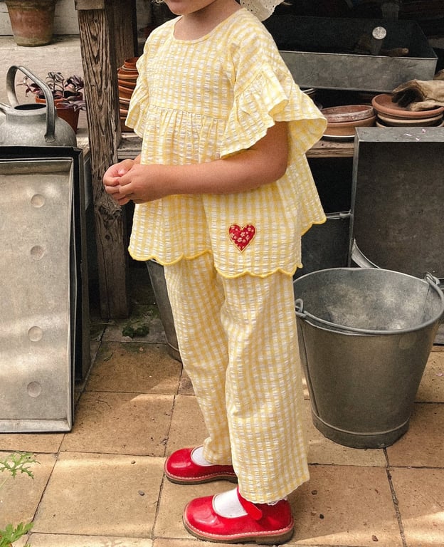 Yellow Plaid Ruffle-Sleeve Kids Set | Nordic Summer Outfit Girls thumbnail 9