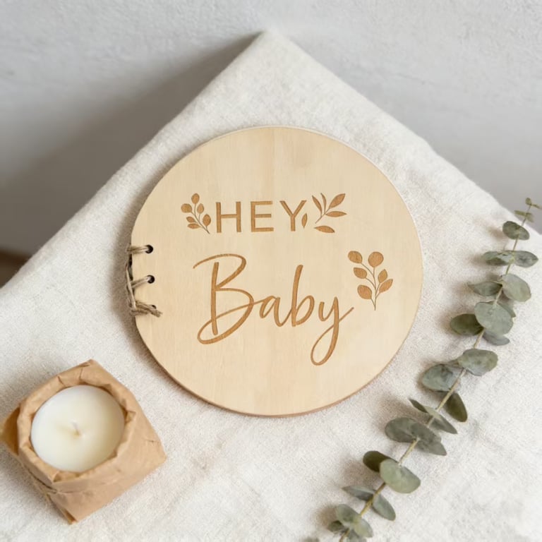 Round Wooden Hey Baby Guest Book | Laser Engraved Floral Signature Book thumbnail 2