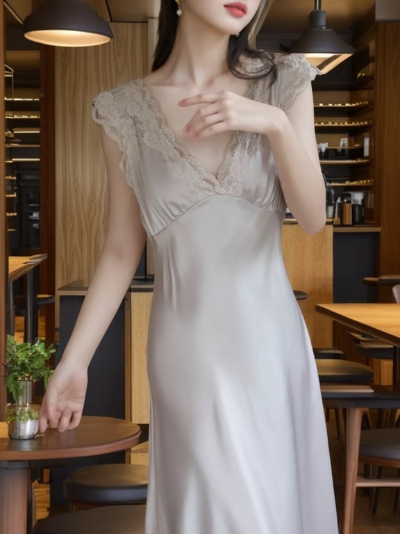 Slim-Fit French-Style Ice-Silk Long Nightgown | Lace Trim thumbnail 2