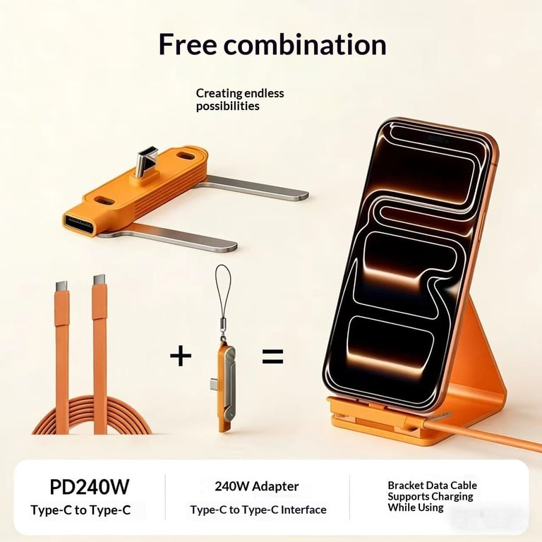 240W Dual Type-C Silicone Charging Cable with Foldable Phone Stand thumbnail 5