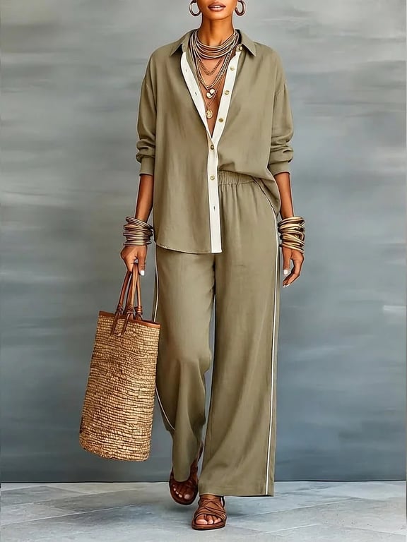 Women's Contrast-Color Casual Loose Pants Two-Piece Set | Comfy thumbnail 14