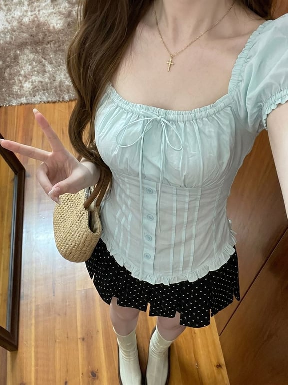 Ice-Blue Square-Neck Bubble-Sleeve T-Shirt | Cottagecore Style Top thumbnail 9