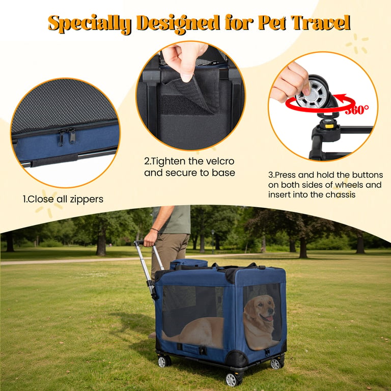 2 In 1, 24   Collapsible Travel Dog Crate For Medium Large Dogs, Rolling Pet Carrier With Wheels, 3-Door Portable Folding Pet Kennel With Mesh Windows, Indoor Outdoor Travel Use, Dark Blue thumbnail 8