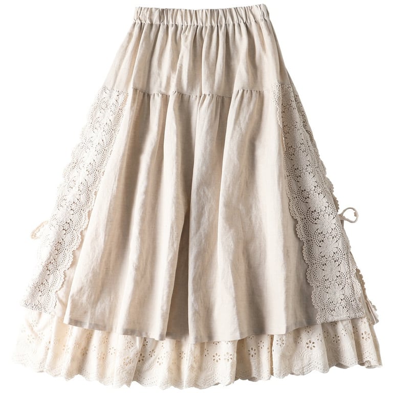 Japanese Linen Lace-Up Skirt | Mori Girl Aesthetic Tiered Design thumbnail 1