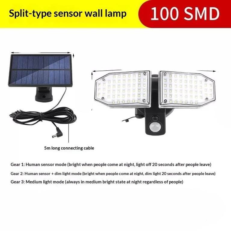 Solar Dual-Head Motion Sensor Lamp | 100 SMD LEDs, 5M Cable - image 1