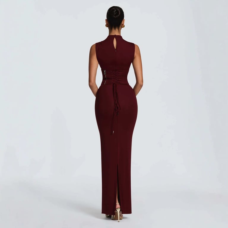 Women's Solid-Color Turtleneck Sleeveless Waist-Cinching Maxi Dress | Home & Kitchen thumbnail 4