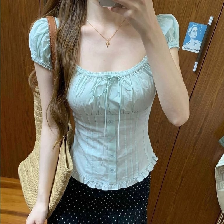 Ice-Blue Square-Neck Bubble-Sleeve T-Shirt | Cottagecore Style Top thumbnail 3