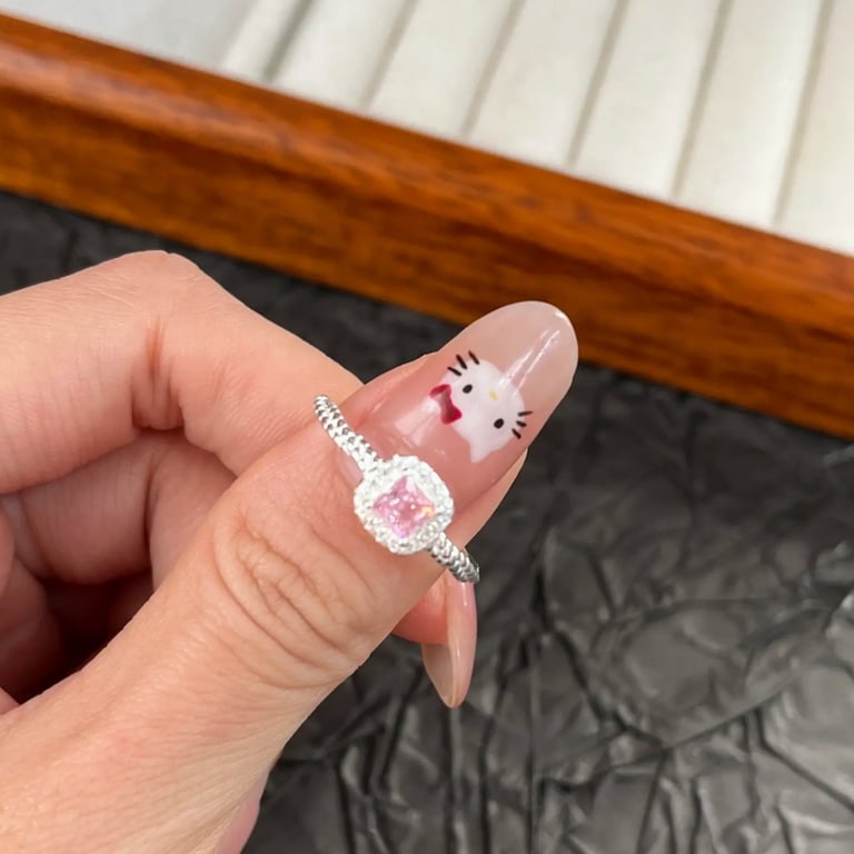 Pink Cushion Cut CZ Sterling Silver Ring | Halo Pave Twisted Band thumbnail 7
