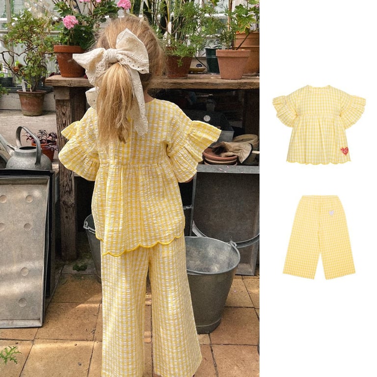 Yellow Plaid Ruffle-Sleeve Kids Set | Nordic Summer Outfit Girls thumbnail 14