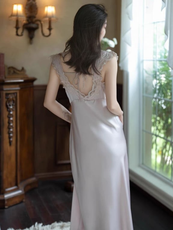 Slim-Fit French-Style Ice-Silk Long Nightgown | Lace Trim thumbnail 5