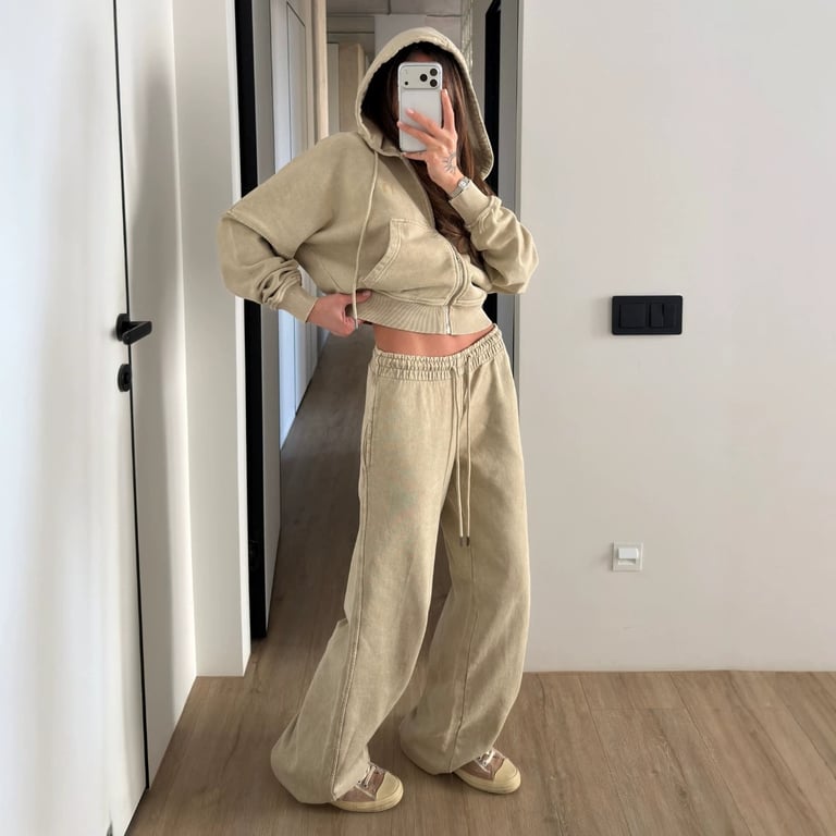 Women's Washed Hoodie Two-Piece Set | Cropped Hoodie & Wide-Leg Pants thumbnail 6