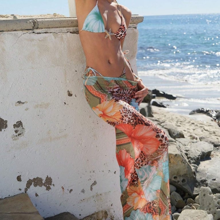 Floral Triangle Bikini Three-Piece Set with Sheer Maxi Cover-Up | Quick-Dry thumbnail 3