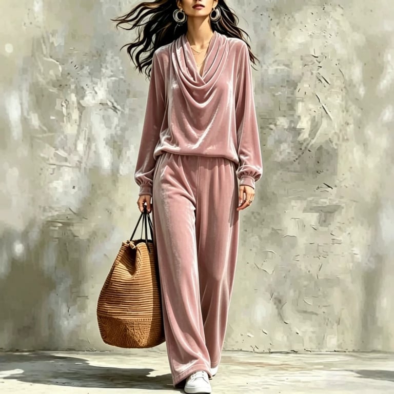 Women's Fall Winter Drop-Shoulder Velvet Top & Straight-Leg Pants Set thumbnail 7