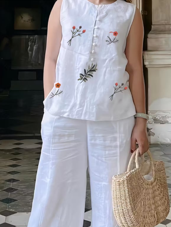 White Floral Embroidered Women's Linen Set | Relaxed Two-Piece