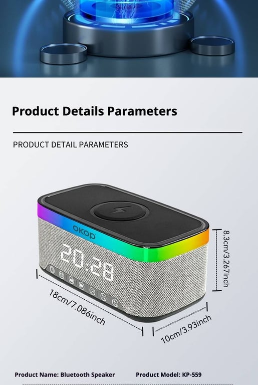 Bedside Alarm Clock with RGB Ambient Light | 15W Wireless Charging & Bluetooth Speaker thumbnail 12