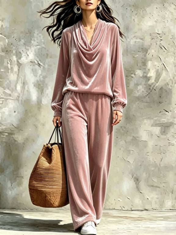 Women's Fall Winter Drop-Shoulder Velvet Top & Straight-Leg Pants Set thumbnail 10
