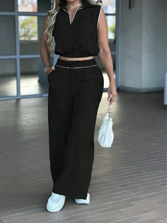 Sleeveless Lapel Top with Pockets & Faux Drawstring Pants Set | Home & Kitchen thumbnail 4