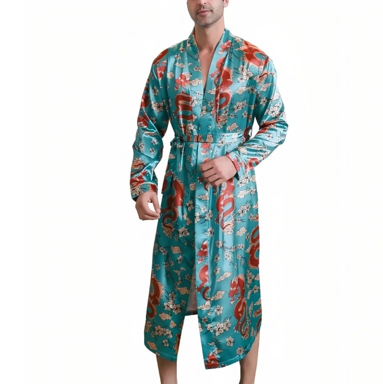 Men's Ice-Silk Dragon Print Long-Sleeve Loungewear Nightgown | Cooling Robe