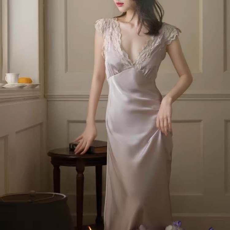 Slim-Fit French-Style Ice-Silk Long Nightgown | Lace Trim thumbnail 3